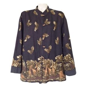 Vintage Asian-Inspired Jacket Safari Print Border Frog Closure Cotton Linen XL